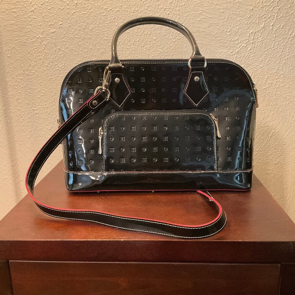 Arcadia Patent Leath Shoulder Bag / Red & Black / Zippered Closures / Great Cond